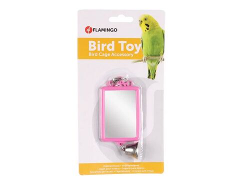 Flamingo hračka zrcátko obdélník a zvonek 6 x 8 cm pro malé papoušky růžová