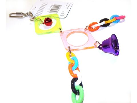 Flamingo hračka akrylová, 2 čtverečky, zvonek a céčka 3 x 3 x 14 cm pro malé papoušky