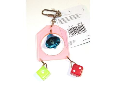 Flamingo hračka akrylová hrazdička se zvonkem a 2 kostkami 3 x 3 x 14 cm pro malé papoušky