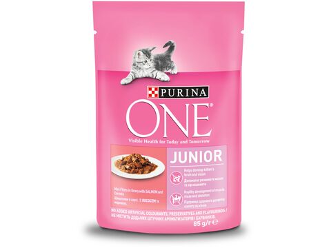 Purina ONE Junior 85 g kapsa mini filetky losos s mrkví ve šťávě