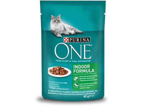 Purina ONE Indoor 85 g kapsa mini filet s tuňákem a fazolky ve šťávě 