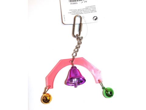 Flamingo hračka akrylová hrazdička se zvonkem a 2 rolničky 3x3x14 cm pro malé papoušky
