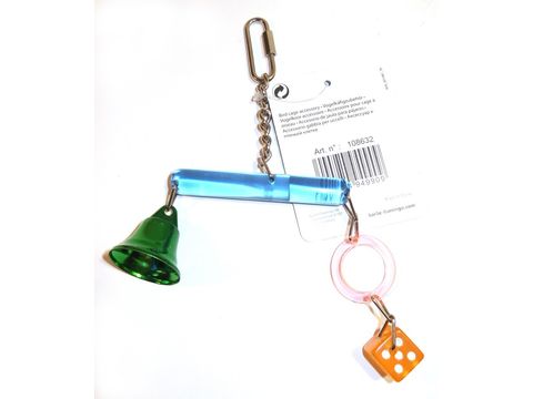 Flamingo hračka akrylová hrazdička s kostkou a zvonkem 3x3x14 cm pro malé papoušky