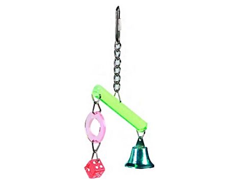 Flamingo hračka akrylová hrazdička s kostkou a zvonkem 3 x 3 x 14 cm pro malé papoušky