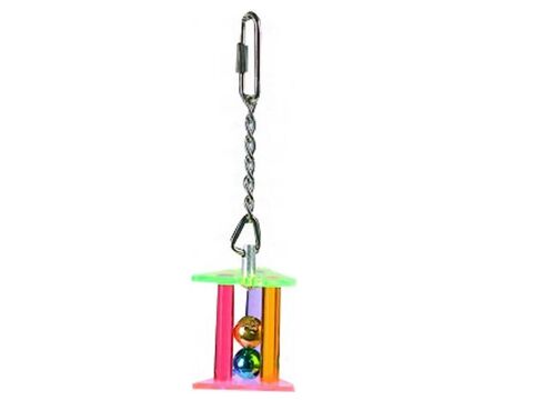 Flamingo hračka akrylová, domeček a 2 rolničky 3 x 3 x 14 cm pro malé papoušky