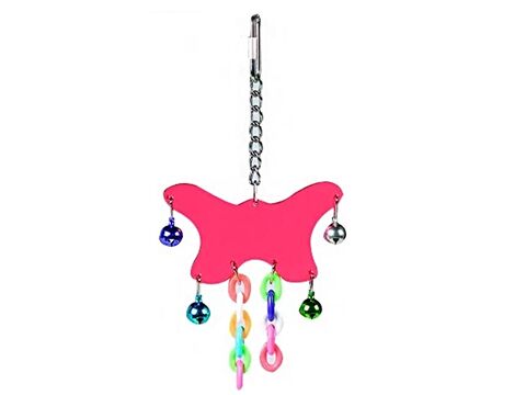 Flamingo hračka akrylová, motýlek a 4 rolničky a céčka 3 x 3 x 14 cm pro malé papoušky