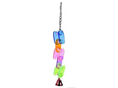 Flamingo hračka akrylová plochý řetěz se zvonkem 3x3x14 cm pro malé papoušky