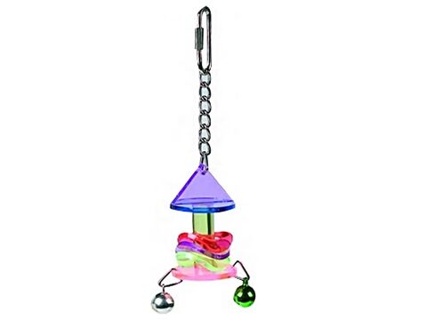 Flamingo hračka akrylová, domeček  a 2 rolničky s kolečky 3 x 3 x 14 cm pro malé papoušky