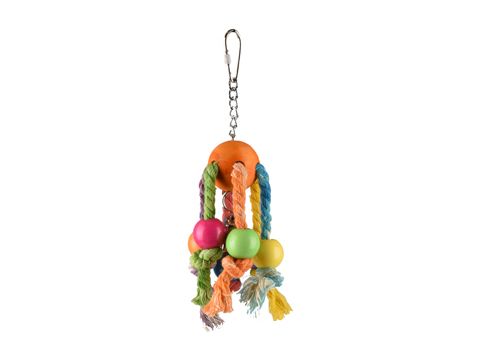 Flamingo hračka bavlněná s kuličkama a zvonkem 19 cm pro střední papoušky