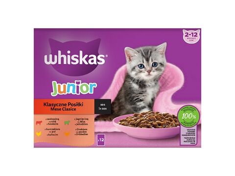 Whiskas Junior klasické pokrmy ve šťávě 12 x 85 g kapsa, hovězí, kuře, jehně, drůbeží