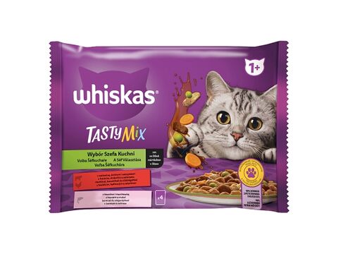 Whiskas Tasty mix, Volba šéfkuchaře ve šťávě 4 x 85 g kapsa, hovězí zelenina,losos a mrkev