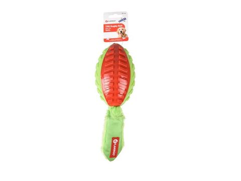 Flamingo hračka pro psa dentální ragby míč s plyšem pískací 32cm guma zelená a červená