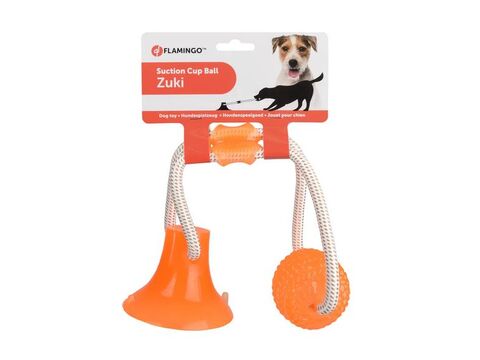 Flamingo hračka pro psa lano s míčkem a přísavkou, délka 40 cm, guma oranžová 