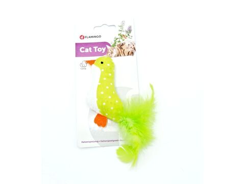 Flamingo hračka pro kočku ptáček 9 cm s peřím zelená