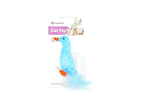 Flamingo hračka pro kočku ptáček 9 cm s peřím modrá
