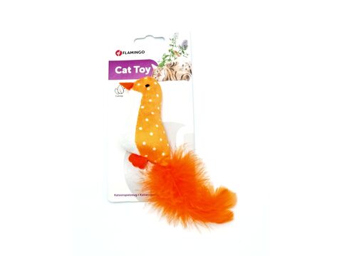 Flamingo hračka pro kočku ptáček 9 cm s peřím oranžová