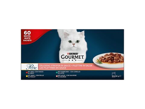 Gourmet kapsa Perle 60 x 85 g hovězí,kuře,králík.losos v omáčce 