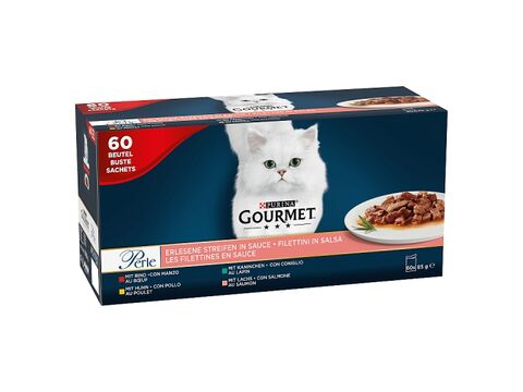Gourmet kapsa Perle 60 x 85 g hovězí,kuře,králík.losos v omáčce 