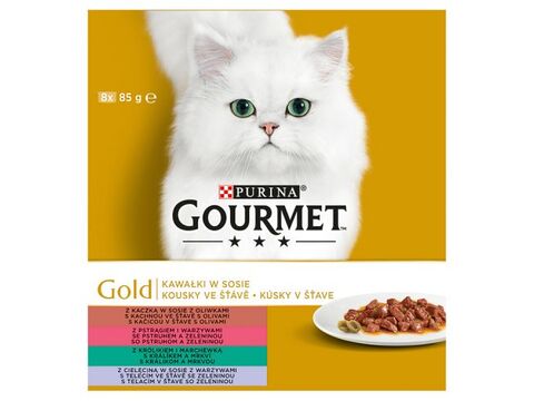 Gourmet gold gril 8 x 85 g,ve šťávě kachna s oliv.,pstruh a zel.,král.,a mrkev,tel.a zel. 