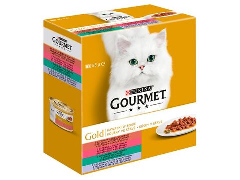 Gourmet gold gril 8 x 85 g,ve šťávě kachna s oliv.,pstruh a zel.,král.,a mrkev,tel.a zel. 