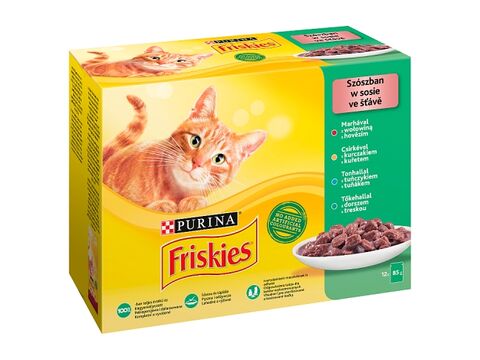 Friskies cat 12 x 85 g kapsa,hovězí,kuře.tuňák,treska ve šťávě SLEVA 