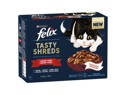 Felix Tasty Shreds kapsa 12 x 80 g hovězí,kuře,kachna, krůta ve šťávě 