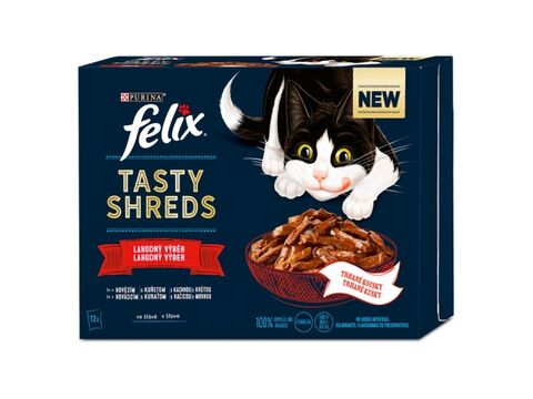 Felix Tasty Shreds kapsa 12 x 80 g hovězí,kuře,kachna, krůta ve šťávě 
