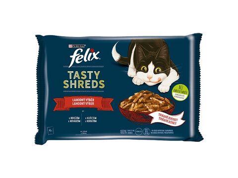 Felix Tasty Shreds lahodný výběr 4 x 80 g hovězí, kuře ve šťávě 