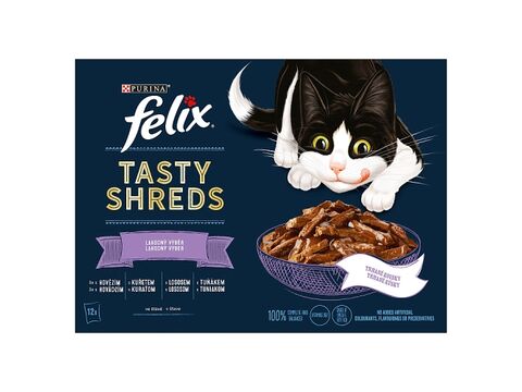 Felix Tasty Shreds kapsa 12 x 80 g hovězí, kuře, losos, tuňák ve šťávě 