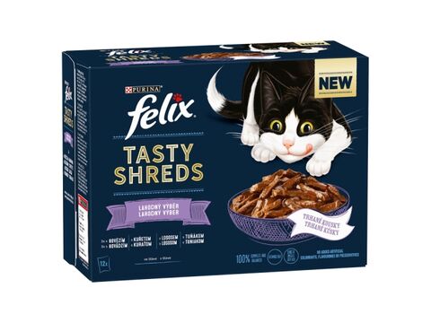 Felix Tasty Shreds kapsa 12 x 80 g hovězí, kuře, losos, tuňák ve šťávě 