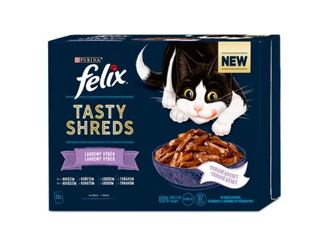 Felix Tasty Shreds kapsa 12 x 80 g hovězí, kuře, losos, tuňák ve šťávě 