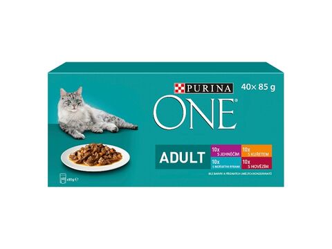 Purina ONE Adult 40 x 85 g kapsa mini filet jehně s mrkví,mořsk.ryby s fazol.,kuř ve šťávě