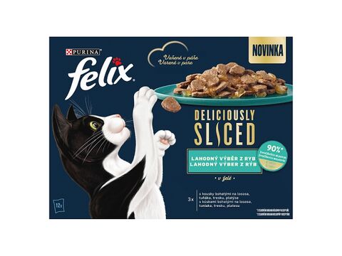 FELIX Deliciously sliced Multipack 12 x 80 g losos/ tuňák/ treska/ platýs v želé doprodej