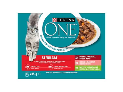 Purina ONE Sterilcat 12 x 85 g kapsa hovězí s mrk losos s mrkví, krůta s fazolk. ve šťávě 