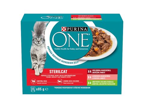 Purina ONE Sterilcat 12 x 85 g kapsa hovězí s mrk losos s mrkví, krůta s fazolk. ve šťávě 