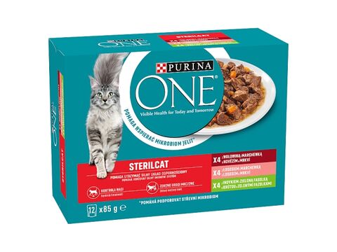 Purina ONE Sterilcat 12 x 85 g kapsa hovězí s mrk losos s mrkví, krůta s fazolk. ve šťávě 