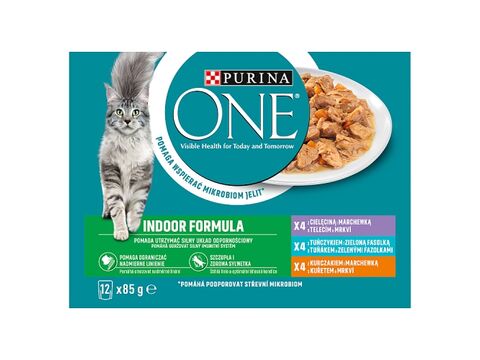 Purina ONE Indoor cat 12 x 85 g kapsa tele s mrk kuře s mrkví, tuňák s fazolk. ve šťávě 