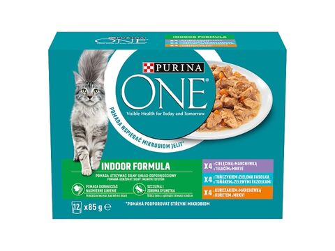 Purina ONE Indoor cat 12 x 85 g kapsa tele s mrk kuře s mrkví, tuňák s fazolk. ve šťávě 