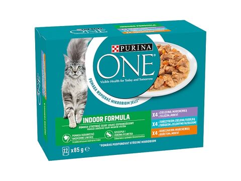 Purina ONE Indoor cat 12 x 85 g kapsa tele s mrk kuře s mrkví, tuňák s fazolk. ve šťávě 