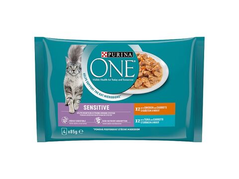 Purina ONE Sensitive cat 4 x 85 g kapsa kuře s mrkví , tuňák s mrkví,  ve šťávě 