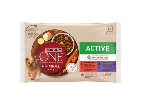 Purina ONE MINI Dog Active hovězí a kachna ve šťávě 4 x 85 g kapsa