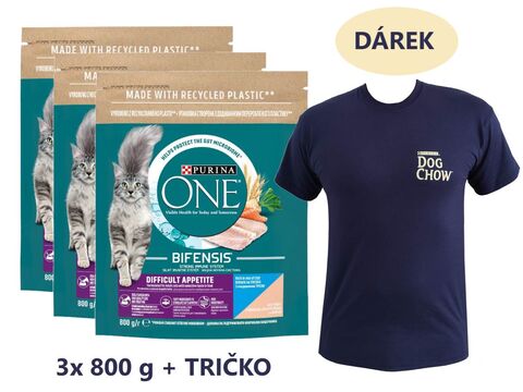 Balíček Purina ONE BIFENSIS Difficult Appetite 3 x 800 g s tresk.apstruh + Purina tričko