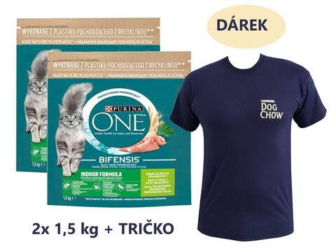 Balíček Purina ONE Indoor Formula adult cat 2x1,5 kg krůta a celozrnné obil.+Purina tričko