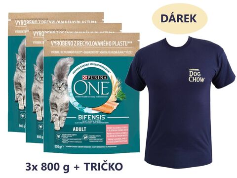 Balíček Purina ONE BIFENSIS Adult 3x 800 g s lososem a celozrnnými obil.+Purina tričko