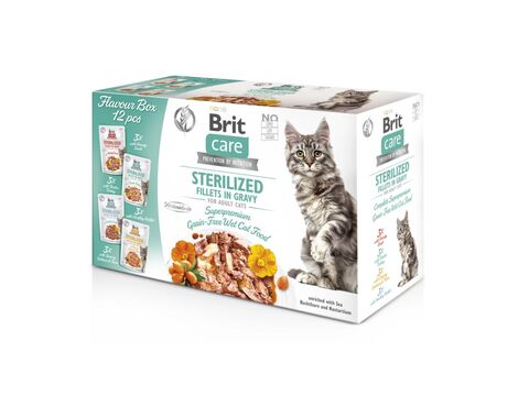 Brit Care Cat Flavour box Steril Fillet in Gravy 12 x 85 g krůt,kach.,sal.,králí kapsa+dár