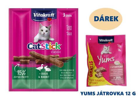 Vitakraft Cat Stick králík-kachna 3 x 6 g+ dárek Vitakraft cat Yums 12 g játrovka