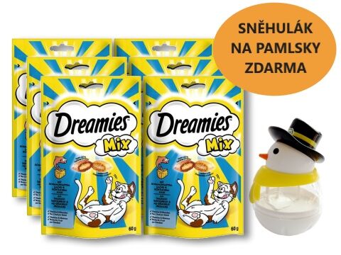 Balíček Dreamies s lososem sýr 6 x 60 g + dárek dreamies sněhulák - zásobník  