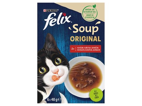 Felix Soup lahodný výběr, polévka pro kočky, 6 x 48 g hovězí, kuře, jehně