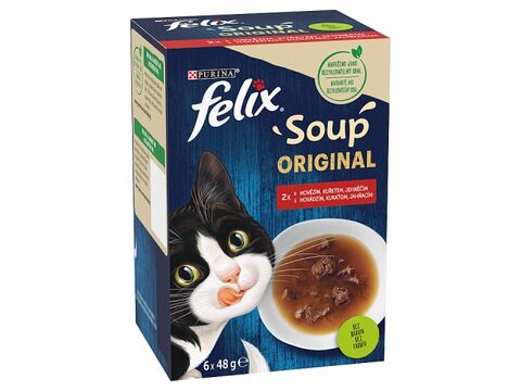 Felix Soup lahodný výběr, polévka pro kočky, 6 x 48 g hovězí, kuře, jehně