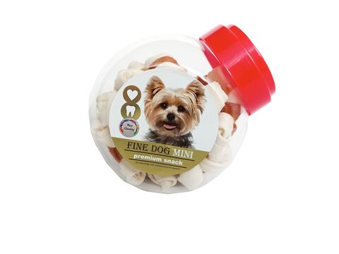 FINE DOG MINI Uzel bůvolí obalený kuřecím masem 25ks / 320g - dóza